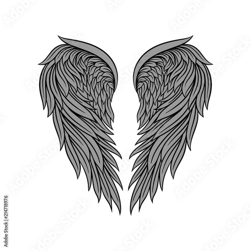 Vector icon of gorgeous heraldic angel wings with gray feathers and black contour. Element for tattoo, t-shirt print or vintage poster