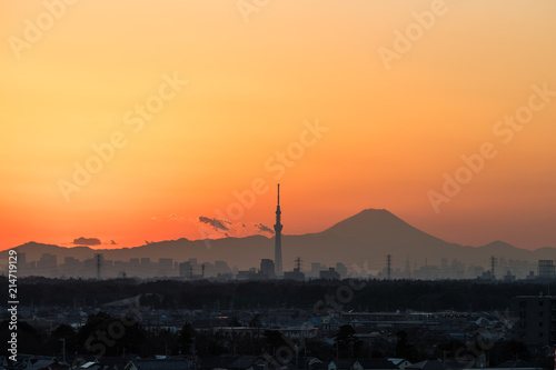 Beautiful Tokyo sunset cityscape , Tokyo Skytree landmark and Mountian Fuji in winter sunset