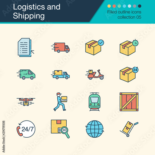 Logistics and Shipping icons. Filled outline design collection 5. For presentation, graphic design, mobile application, web design, infographics.
