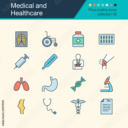 Medical and Healthcare icons. Filled outline design collection 8. For presentation, graphic design, mobile application, web design, infographics.