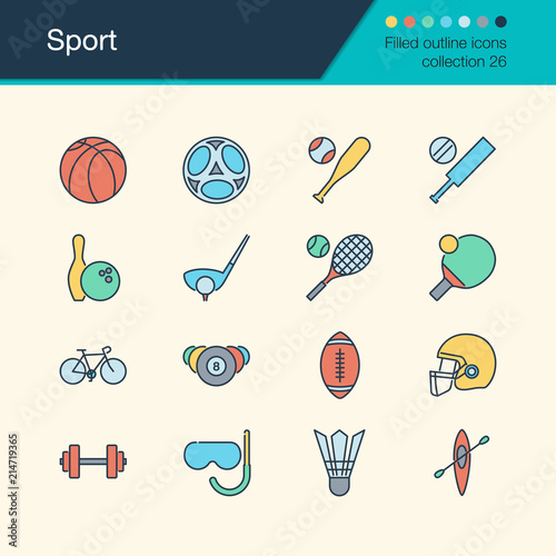 Sport icons. Filled outline design collection 26. For presentation, graphic design, mobile application, web design, infographics.