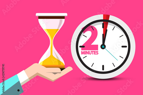 2 Minutes Hourglass Time Symbol. 2 Minute Counter Icon with Sand Clock on Human Hand. Vector Flat Design Stopwatch Design on Pink Background.