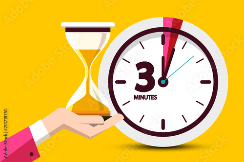 Three Minutes Countdown Design on Yellow Background. Vector Flat Design Time Symbol. Clock Hourglass Icon with 3 Minute Sign.