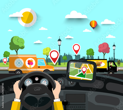 Car on Street with GPS Navigation Pins on City Map. Vector Hands on Steering Wheel  with Town Park on Background.
