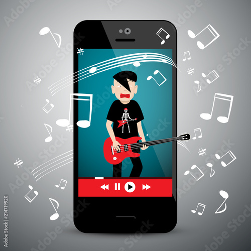 Music App on Cellphone. Rock Guitar Player with Notes. Songs Playlist Symbol on Mobile Phone.