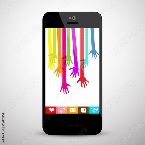 Colorful Hands on Mobile Phone Screen. Social Media App Vector Symbol.