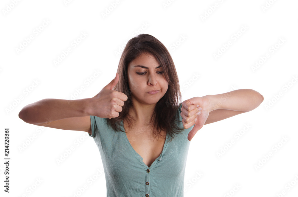 indecisive woman with one thumb up and one thumb down indecisive woman with one thumb up and one thumb down