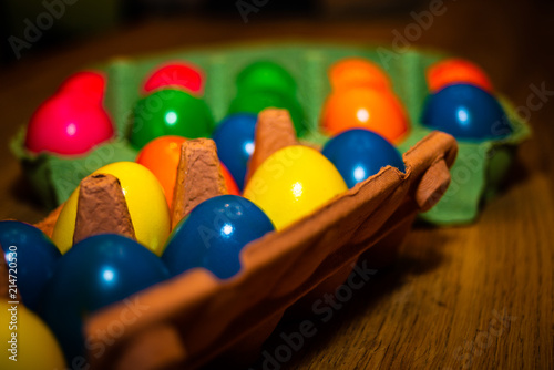 Blurred easter eggs on a table