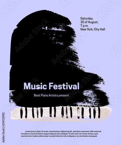 Music festival design template. Vector piano, painted with brush strokes and text on blue background.