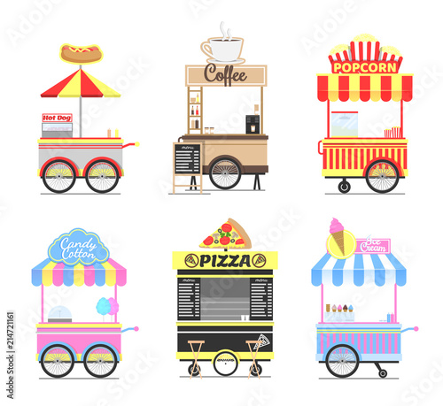 Delicious Street Fast Food Mobile Bright Carts Set