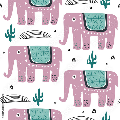 Cute pink elephants pattern in jungles. Illustration for kids books,textile or fabric.
