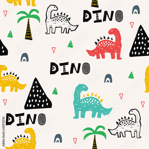 Pattern with dino, dinosaur in tropical forest in scandinavian style. Abstract kid draving for nursery,textile,wrapping or poster.