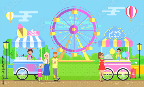Sweet Street Food Carts in Big Amusement Park