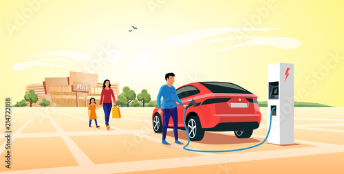 Modern electric suv car parking at the charger station in front of shopping mall. Young family shopping while the electro car is recharging batteries. Flat vector illustration concept. 