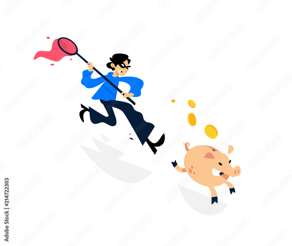 Illustration of a thief running after a piggy bank with a net. Image is isolated on white background. A cartoon thief is trying to catch a piggy bank. In pursuit of profit. Easy Money. Illustration of a thief running after a piggy bank with a net. Image is isolated on white background. A cartoon thief is trying to catch a piggy bank. In pursuit of profit. Easy Money.