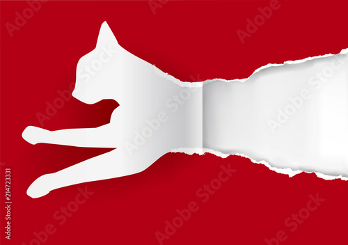 Paper cat silhouette ripping paper. Paper silhouette of jumping cat ripping red paper background with place for your text or image. Vector available. 