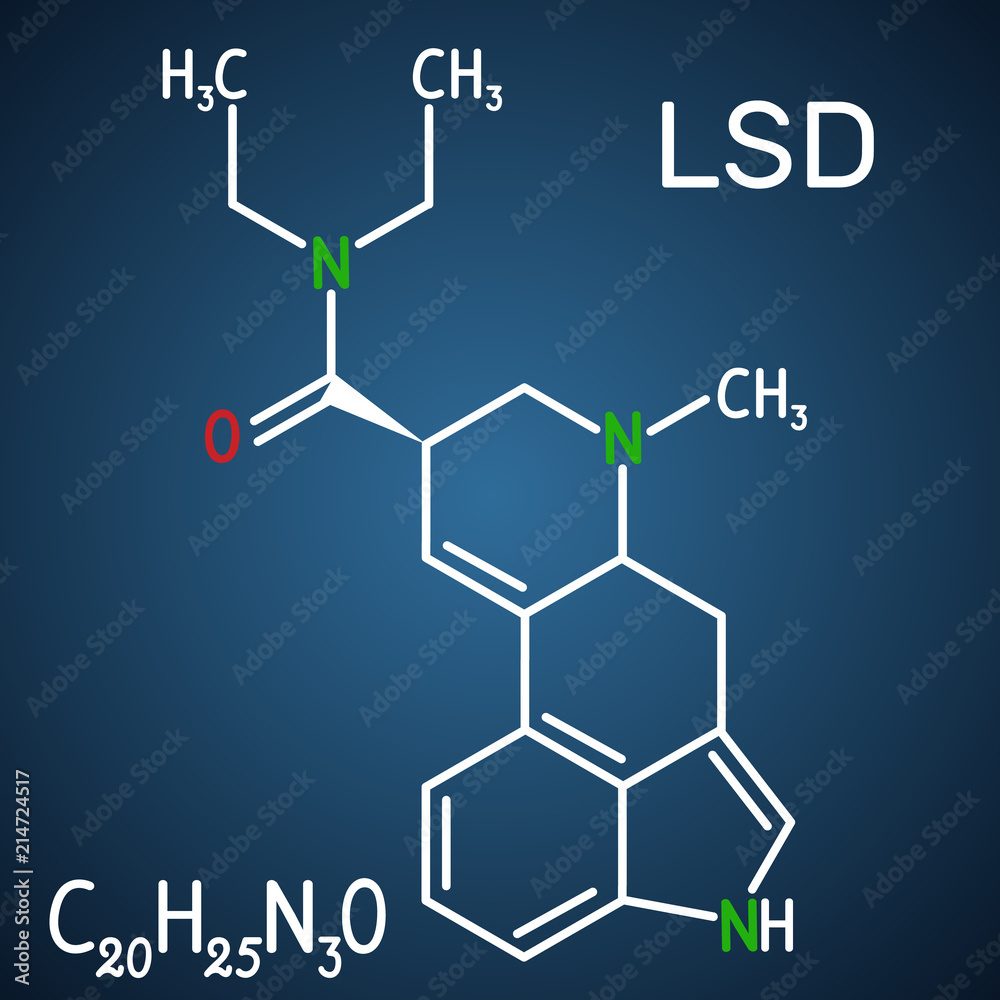 Lysergic acid diethylamide (LSD). It is a hallucinogenic drug. Structural chemical formula and molecule model on the dark blue background