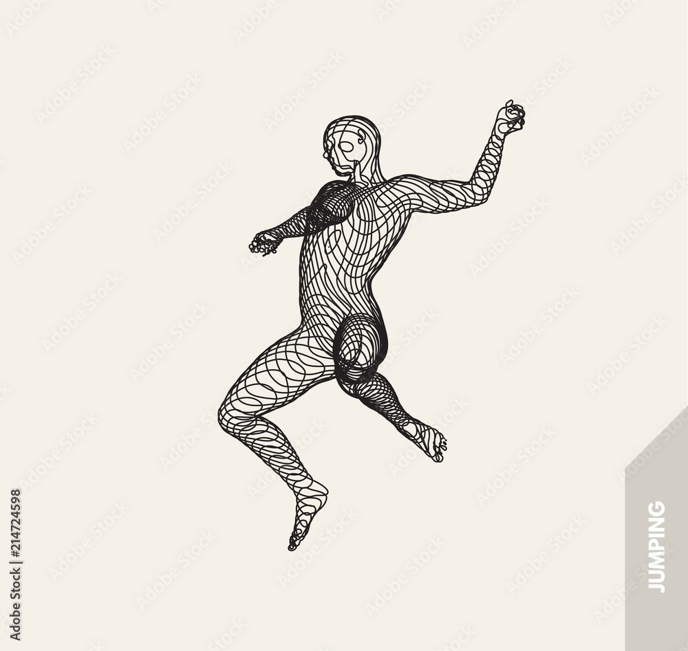 Fototapeta premium Jumping man. Freedom concept. 3d vector Illustration. Wire connection to virtual reality.