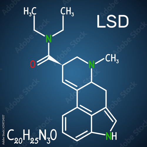 Lysergic acid diethylamide (LSD). It is a hallucinogenic drug. Structural chemical formula and molecule model on the dark blue background photo
