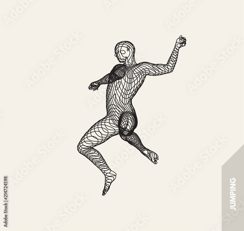 Jumping man. Freedom concept. 3d vector Illustration. Wire connection to virtual reality.