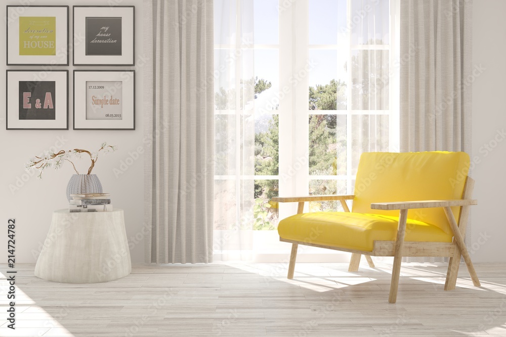 Idea of white room with armchair and summer landscape in window. Scandinavian interior design. 3D illustration Idea of white room with armchair and summer landscape in window. Scandinavian interior design. 3D illustration