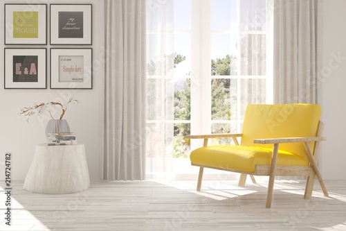 Idea of white room with armchair and summer landscape in window. Scandinavian interior design. 3D illustration