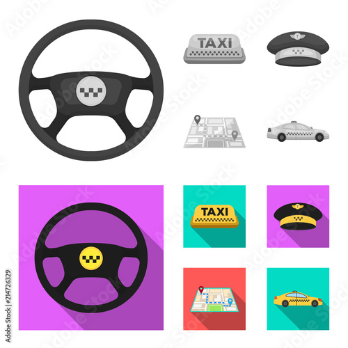 Yellow taxi inscription, a cap with a taxi badge, a map with a mark, a car with checkers. Taxi set collection icons in monochrome,flat style vector symbol stock illustration web.