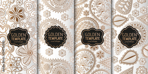Set of golden luxury templates. Abstract geometric background with paisley and flowers. Vector illustration.
