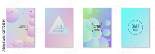 Minimal shapes cover set with holographic fluid. Gradient shapes on vibrant background. Modern hipster template for placard, presentation, banner, flyer, brochure. Minimal shapes cover in neon colors.