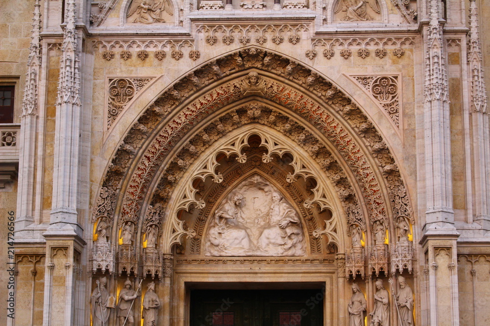 A close up view of the details of the facade of a cathedral in Zagreb, Croatia