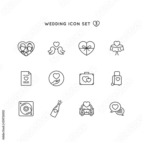 wedding outline icon set. object of marriage illustration with love symbol collection. monoline design perfect for digital invitation, card, website and mobile application design.