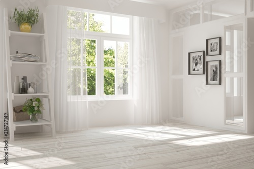 White empty room with summer landscape in window. Scandinavian interior design. 3D illustration photo