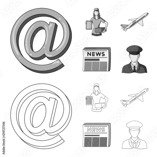 Email symbol, courier with parcel, postal airplane, pack of newspapers.Mail and postman set collection icons in outline,monochrome style vector symbol stock illustration web.