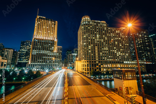 The Columbus Drive Bridge over the Chicago River at night, in Chicago, Illinois