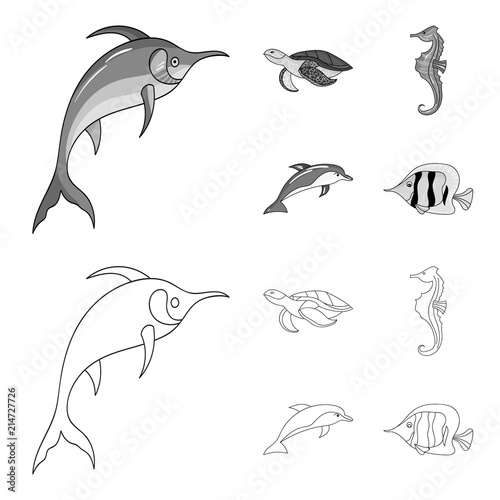 Merlin, turtle and other species.Sea animals set collection icons in outline,monochrome style vector symbol stock illustration web.