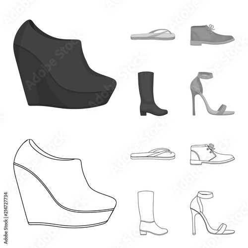 Autumn black shoes on a high platform, flip-flops green for relaxation, sandy men autumn shoes, high brown boots. Shoes set collection icons in outline,monochrome style vector symbol stock