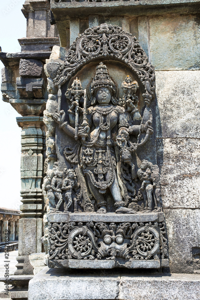 Ornate wall panel reliefs depicting Goddess Kali. Ranganayaki, Andal, temple, Chennakesava temple complex, Belur, Karnataka. West wall.