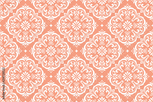 Wallpaper in the style of Baroque. Seamless vector background. White and pink floral ornament. Graphic pattern for fabric, wallpaper, packaging. Ornate Damask flower ornament