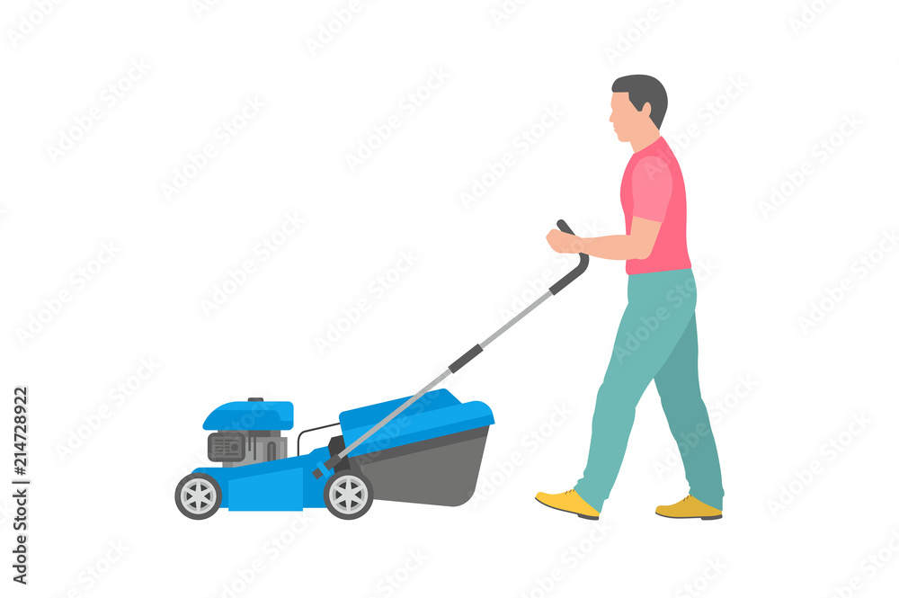 Man with blue lawnmower. flat style. isolated on white background Man with blue lawnmower. flat style. isolated on white background