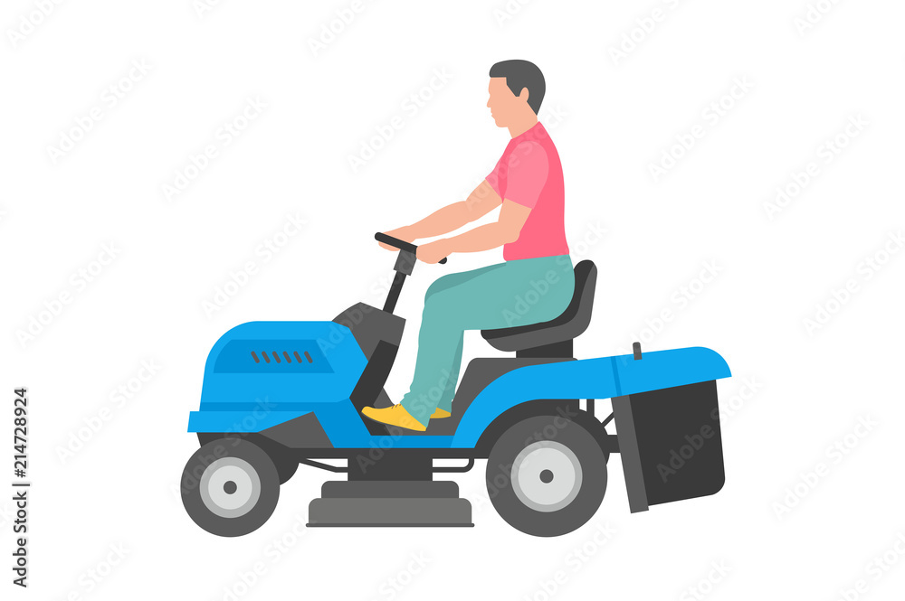 Man with blue lawnmower. flat style. isolated on white background