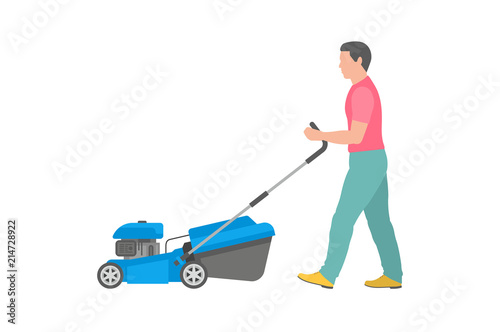 Man with blue lawnmower. flat style. isolated on white background