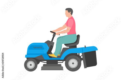 Man with blue lawnmower. flat style. isolated on white background © volyk