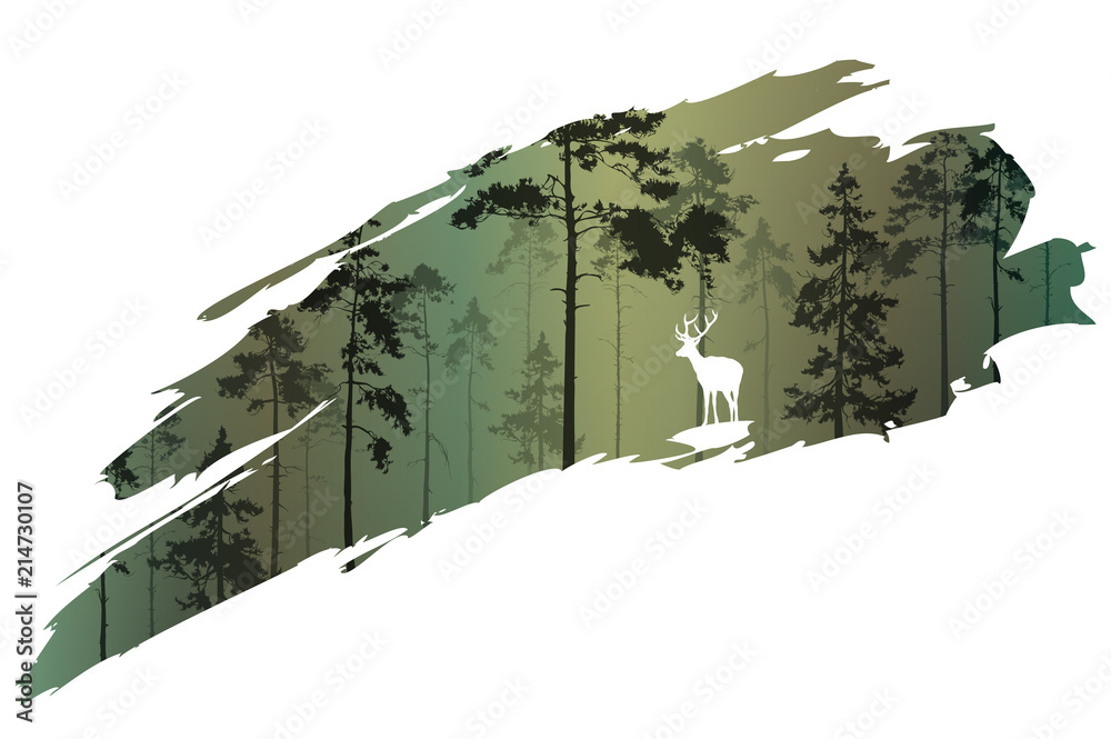 Naklejka premium fragment tła z lasem i jeleniem do projektu. Ilustracji wektorowych