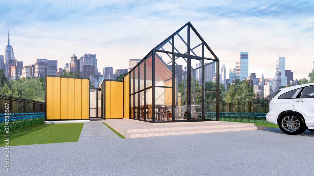 The Glass House Restaurant with city view , 3d rendering