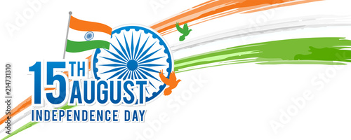 August 15th, Indian Independence Day Banner Vector illustration, Indian flag and Ashoka chakra wheel (spinning wheel) and watercolor brush stroke with copy space.