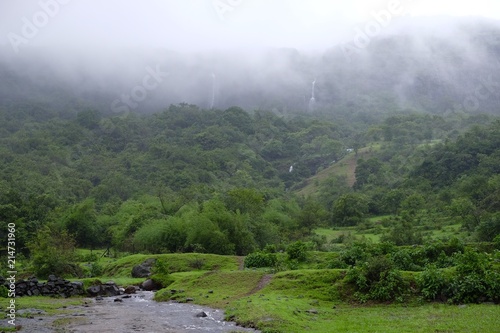Beautiful landscape waterfall on western ghat mountain and hills in rainy season