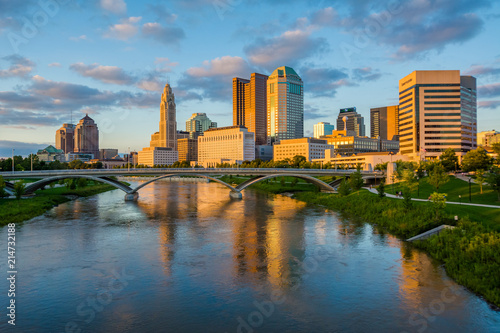 The Scioto River and Columbus skyline at sunset  in Columbus  Ohio.