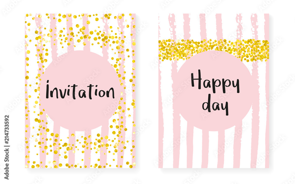 Bridal shower set with dots and sequins. Wedding invitation card with gold glitter confetti. Vertical stripes background. Creative bridal shower set for party, event, save the date flyer.