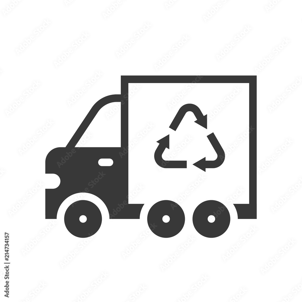 Recycle sign on garbage truck, icon