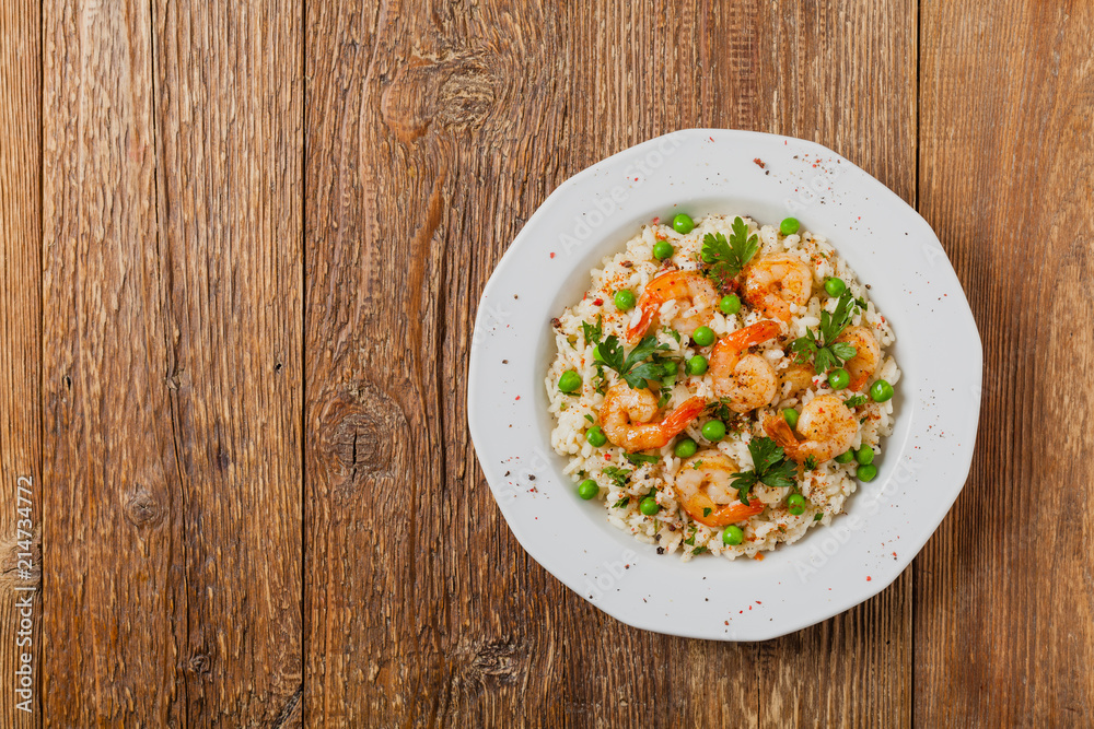 Risotto With Shrimp. Flat lay. Risotto With Shrimp. Flat lay.